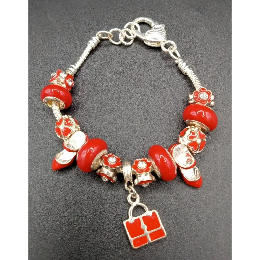 Charm Bracelet Beads Rhinestone Silver Tone Snake Chain Red Statement Jewelry - Picture 1 of 13